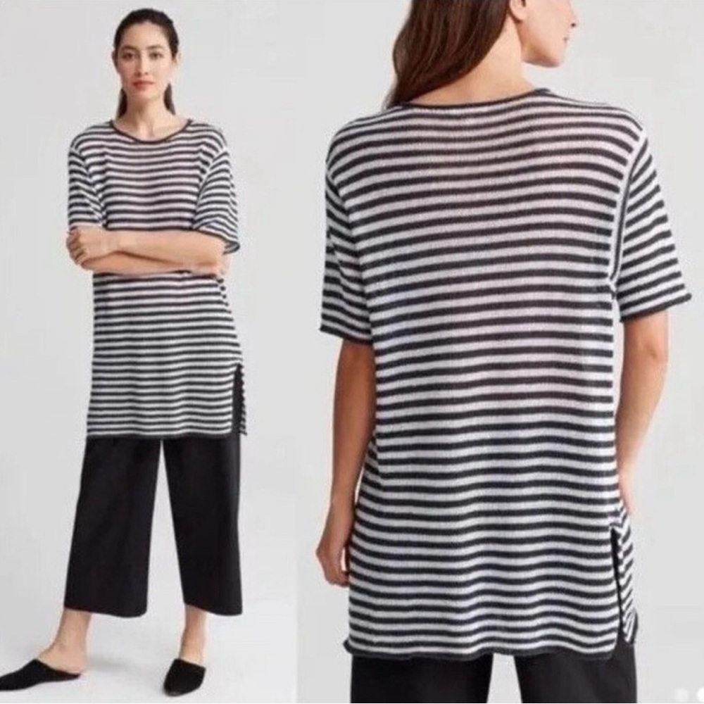 EILEEN FISHER 100% ORGANIC LINEN SS Striped Knit Tunic Top Cover Up Dress MEDIUM